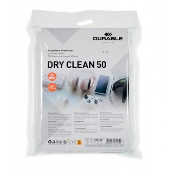 Tisztítókendő, képernyőhöz, 50 db, DURABLE "DRY CLEAN 50", fehér