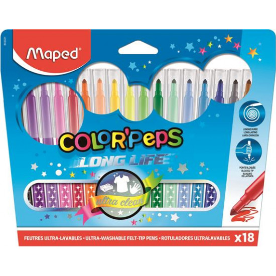 Filctoll készlet, mosható, MAPED "Color`Peps", 18 különböző szín