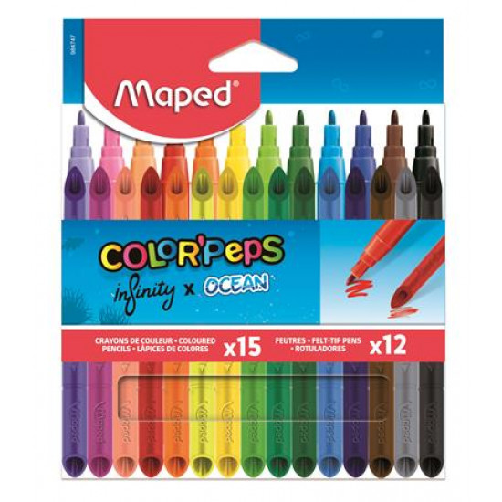 Színes ceruza és filctoll készlet, MAPED "Color`Peps INFINITY", 15+12 különböző szín