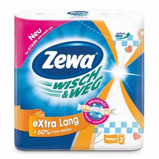 Háztartási papírtörlő, 2 rétegű, 2 tekercses, ZEWA "Wisch&Weg extra lang"