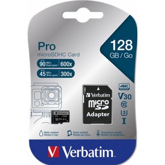 Memóriakártya, microSDXC, 128GB, CL10/U3, 90/45 MB/s, adapter, VERBATIM "PRO"