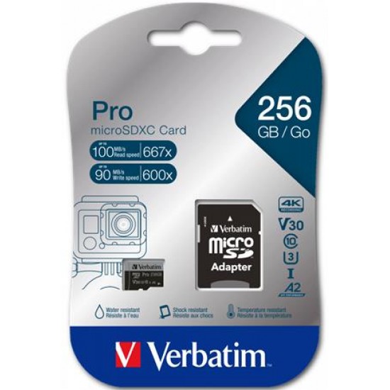 Memóriakártya, microSDXC, 256GB, CL10/U3/A2, 100/90 MB/s, adapter, VERBATIM "PRO"