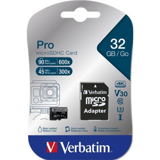 Memóriakártya, microSDHC, 32GB, CL10/U3, 90/45 MB/s, adapter, VERBATIM "PRO"