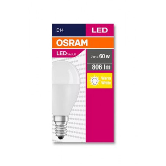 LED izzó, E14, kisgömb, P48, 8W, 806lm, 2700K (MF), OSRAM "Value"