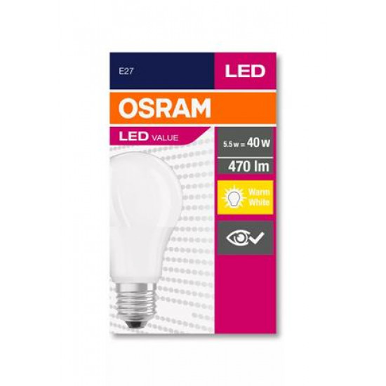 LED izzó, E27, gömb, A60, 5W, 470lm, 2700K (MF), OSRAM "Value"