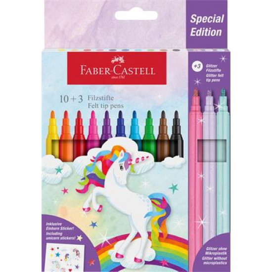 Filctoll készlet, FABER-CASTELL "Unikornis" 10 különböző szín + 3 csillámos