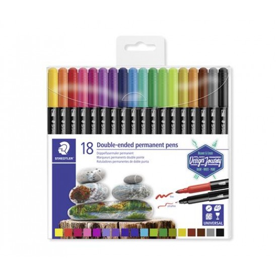 Alkoholos marker készlet, kétvégű, 0,4/2,0 mm, STAEDTLER "Twin-tip", 18 különböző szín