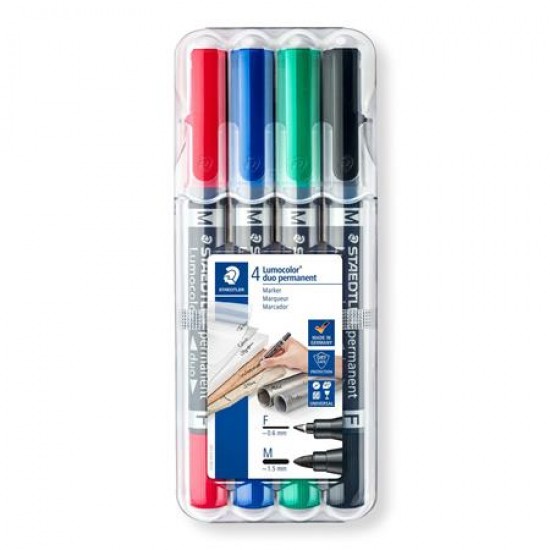 Alkoholos marker készlet, F/M, 0,6/1,5 mm, kúpos, kétvégű, STAEDTLER "Lumocolor Duo", 4 különböző szín