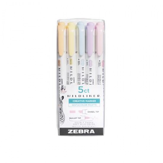 Szövegkiemelő készlet, 1,4/4 mm, kétvégű, ZEBRA "Mildliner Highlighter Gentle", 5 különböző szín