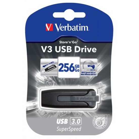 Pendrive, 256GB, USB 3.0, 80/25 MB/sec, VERBATIM "V3", fekete-szürke