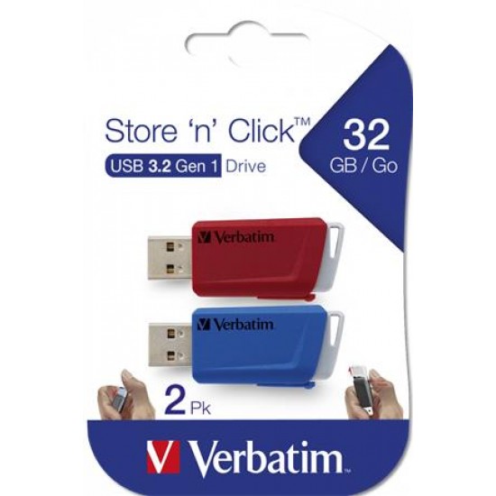 Pendrive, 2 x 32GB, USB 3.2, 80/25MB/sec, VERBATIM "Store n Click", piros, kék