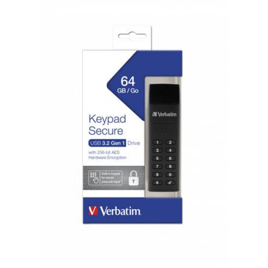 Pendrive, 64GB, jelszavas titkosítás, 160/130Mb/s, USB 3.0, VERBATIM "Keypad Secure"