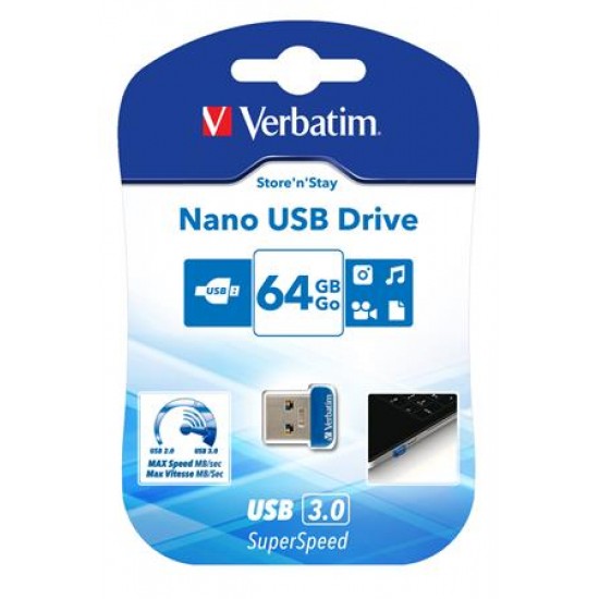 Pendrive, 64GB, USB 3.0, 80/25MB/sec, VERBATIM "Nano Store n Stay"